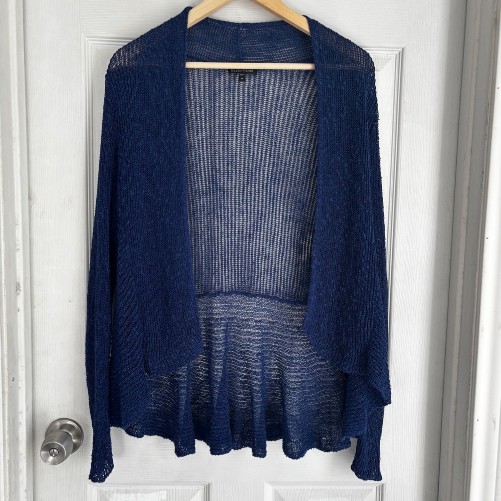 EILEEN FISHER Royal Blue Open Front Knit Cardigan Sweater Size M Lightweight‎